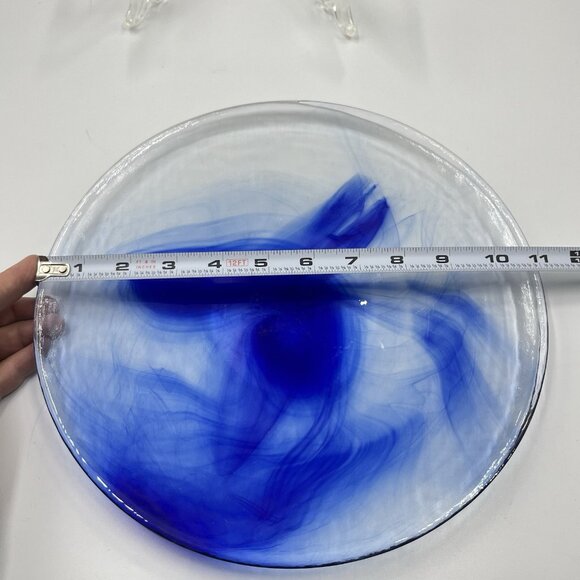 2 Bormioli Rocco Murano Cobalt Blue Swirl Clear Glass Dinner Plates 11” Vintage - Picture 5 of 6